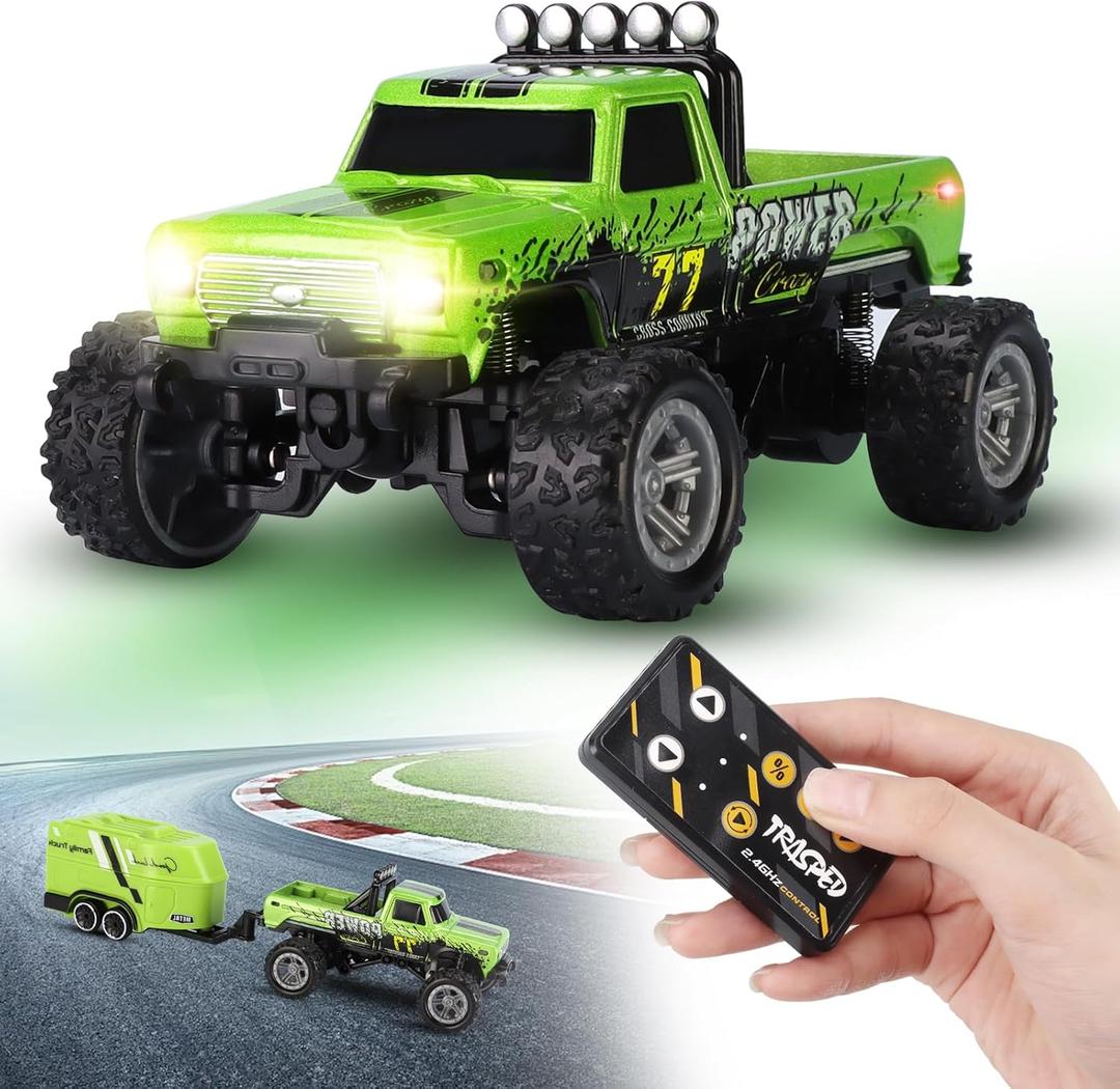 Mini RC Car, 1/64 rc car Mini Remote Control Monster Truck with Trailer & Lights, 2.4Ghz & APP Remote Control, Rechargeable Mini Alloy Monster Truck Rc, Speed/Steering Adjustable (Green)