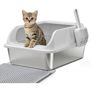 Stainless Steel Litter Box with Lid, Kitten Metal Cat Litter Boxes High Sided Enclosed for Small Cat and Injured Cats Rabbit, Anti-Urine Leakage | Non-Stick Bottom & Includes Scoop