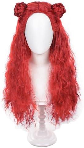 Tongtta Long Wavy Red Heat Resistant Synthetic Cosplay Wig with Braided Buns Halloween Costume Women Wig for Party (24 Inch), Pack of 3