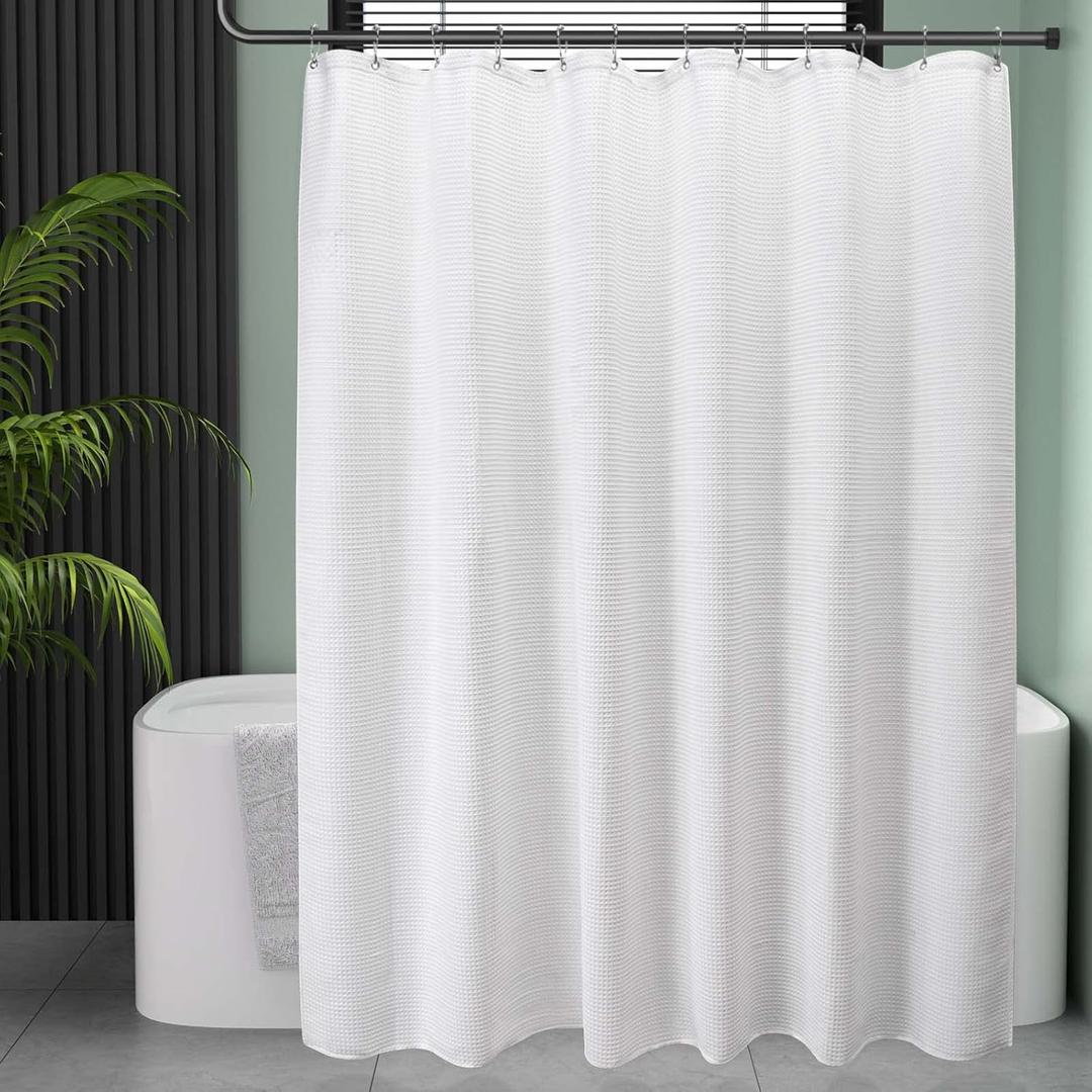 AmazerBath White Shower Curtain Fabric, Waffle Shower Curtain Polyester, Luxury Cloth Shower Curtains for Bathroom, Hotel Quality, Machine Washable, Heavy Duty, 72 x 72 Inches (Matt White)