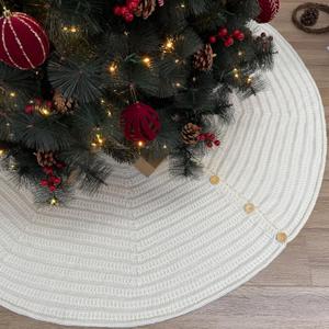 60-Inch Rib Knit Christmas Tree Skirt with Oak Buttons, Cream White