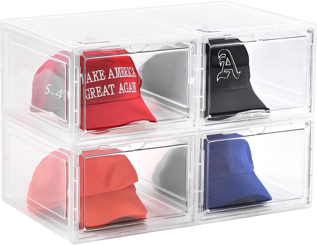 Hat Organizer Box, Stackable Clear Baseball Caps Holder Box Containers with Magnetic Door for Hats Snapback Cap Storage, Clear Hat Storage with Magnetic Door, Holds 40 Hats (Clear, 4 Pack) Hat Organizer Box, Stackable Clear Baseball Caps Holder Box Containers with Magnetic Door for Hats Snapback Cap Storage, Clear Hat Storage with Magnetic Door, Holds 40 Hats (Clear, 4 Pack)