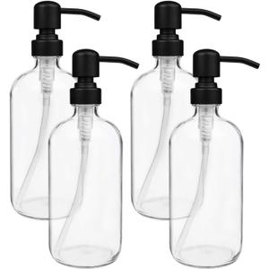 Suwimut 4 Pack Glass Soap Dispenser with Matte Black Stainless Steel Pump, 16 Oz Clear Boston Round Bottles Bathroom Kitchen Soap Dispenser for Essential Oil, Dish Soap, Hand Soap, Lotion Soap