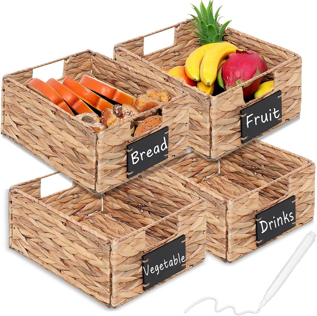 Water Hyacinth Storage Baskets Set of 4 - Foldable Seagrass Organizers with Chalk Labels,10.8x9x4.9 Inch,Rectangular Woven Pantry Bin for Shelves