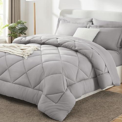 CozyLux Queen Comforter Set French Grey - Bed in a Bag Queen Size 7 Pieces, Luxury Soft Bed Set for All Seasons, Bedding Set with Down Alternative Comforter, Sheets, Pillowcases & Shams
