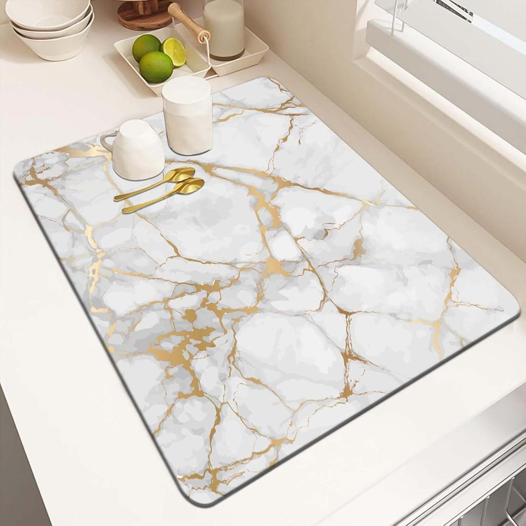 MCALK Marble White Dish Drying Mat for Kitchen Counter, Gold Dish Drying Pad with Anti-Slip Rubber Base, Absorbent Kitchen Sink Mat with Modern Art Decor (1 pc 18" x 16")