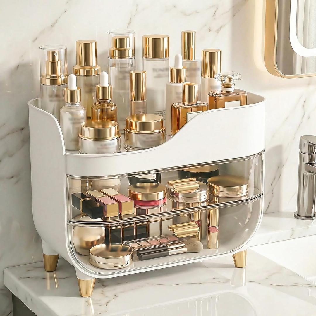 Makeup Organizer for Vanity with Large Smooth Drawers Extra Large Skincare Organizer for Bathroom Countertop and Dresser, Crystal Clear Cosmetic Storage Display Case for Beauty Products (White)