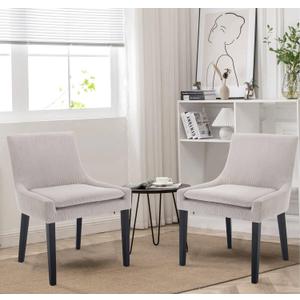 COLAMY Modern Dining Chairs Set of 2, Upholstered Corduroy Accent Side Leisure Chairs with Mid Back and Wood Legs for Living Room/Dining Room-Beige
