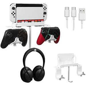Hosanwell Switch Wall Mount, Wall Mount for Switch/Switch OLED, with Hooks for Hanging Joy-Cons, Dual Controller Holder with Non-Slip Mat, White