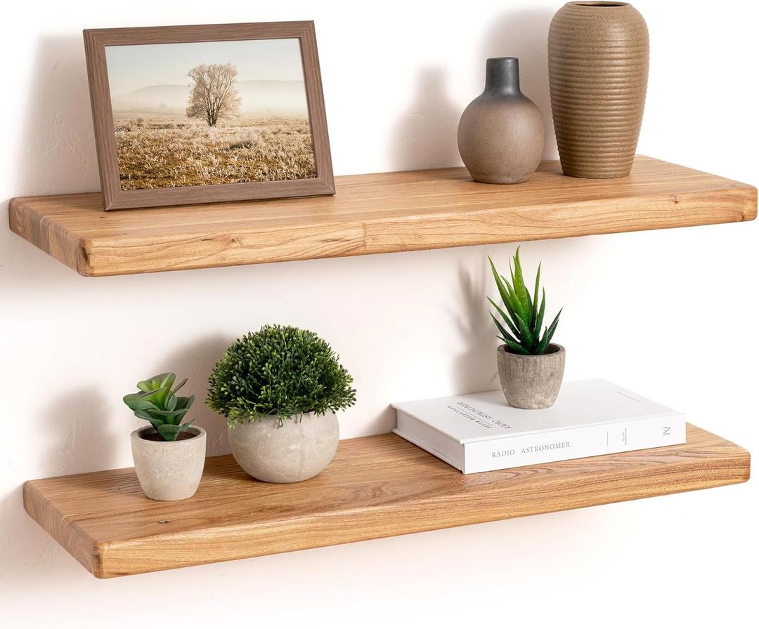 24" Rustic Elm Wood Floating Shelves, 8 Inch Deep Wall Shelves for Home Decor, Wall Mounted Floating Shelf with Invisible Bracket, Heavy-Duty Storage & Display Shelf for Living Room, Kitchen, Set of 2