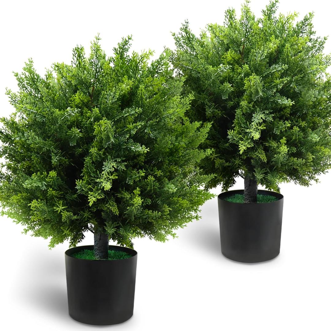 21-Inch Artificial Cedar Ball Trees (Set of Two)  Lifelike, UV-Resistant Decor for Indoor & Outdoor Use  Enhance Your Space with Vibrant Greenery