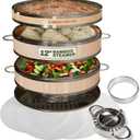 2-tier 12" Bamboo Steamer with Reinforcement & Handle, Reusable Silicone Liner & Accessories Kit For Cooking Dumpling, Baby Bao Bun, Dim Sum, Rice Potsticker Steaming Chinese Asian Food & Vegetables