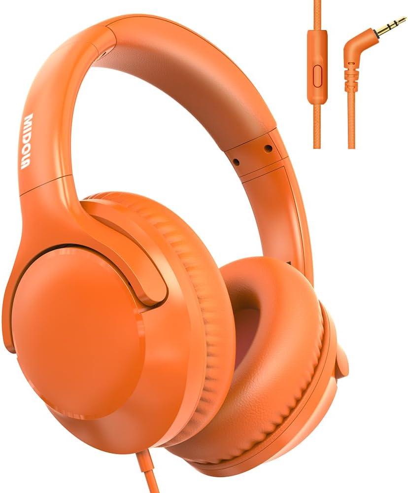 MIDOLA Over-Ear Wired Headphones Decent Sound (Acceptable) with Built-in Microphone, Lightweight Adjustable Foldable, 40 inch Aux 3.5mm Jack Cord for Laptop PC iPad Orange