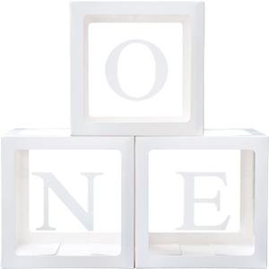 First Birthday Decoration for Baby Boy or Girl, Balloon 'ONE' Boxes for 1st Birthday, Clear Cube Blocks Party Decor With One Letters, 3 Pcs ONE Balloon Boxes for Cake Smash Backdrop, Photoshoot Props