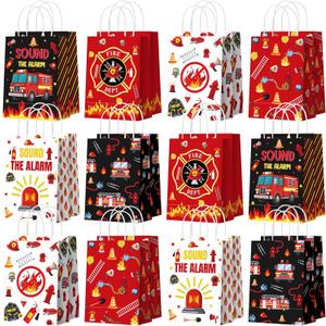 Zhanmai 24 Pcs Firetruck Party Favors Gifts Goodie Bags with Handles Firefighter Candy Treat Paper Bags Fire Extinguisher Truck Sound the Alarm Birthday Party Supplies