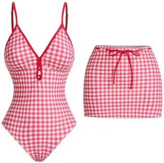 Verdusa Women's 2 Piece Gingham Lace Up Backless One Piece Swimsuit with Beach Cover Up Skirt Set, XL