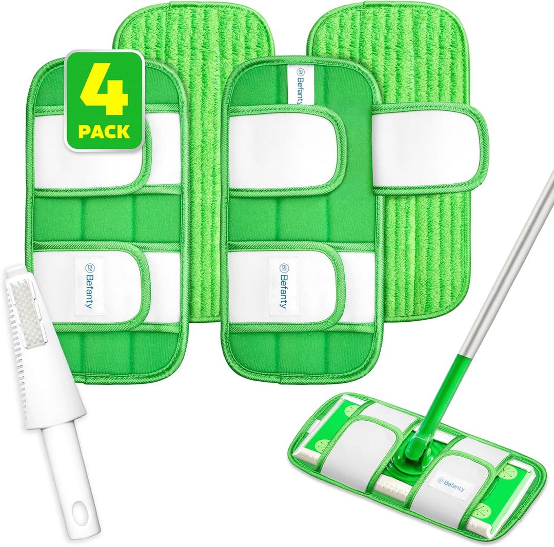 4 Pack Reusable Microfiber Mop Pads, Compatible with Swiffer Sweeper, Machine Washable Cloths, Scraper Included, Refills for All Floor Cleaning, Hook and Loop, Wet Dry - 10"- 12"