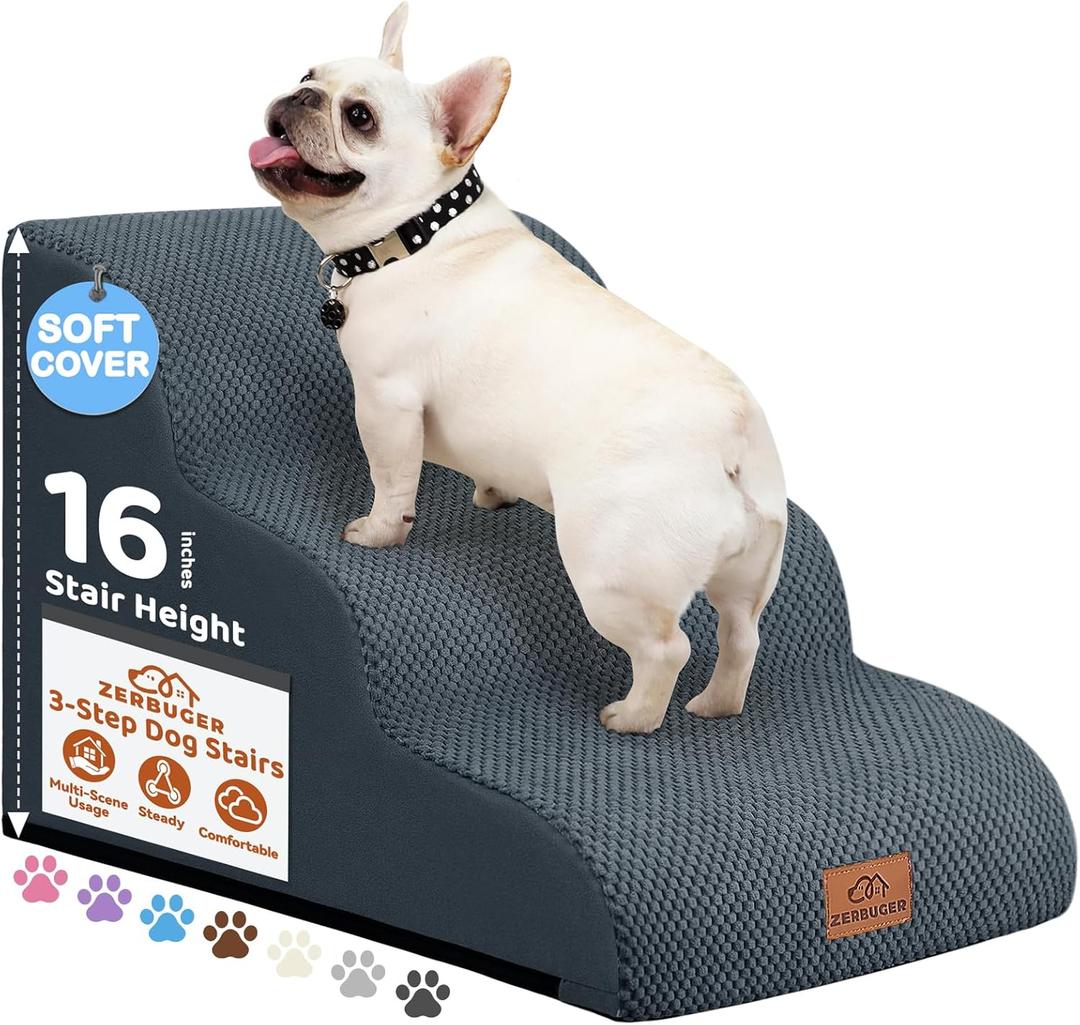 Zerbuger Dog Ramp and Stair for Bed 16" H-20 H,3-Step Cat Stair for Sofa and Chair,4-Step Dog Ramp for High Bed and Window,Durable Nonslip Fabric Cover for Indoor (Dark Grey-16 H, Pet Friendly)