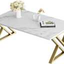 Wolawu Coffee Table Living Room Table White Center Table, Simple Modern Faux Marble Rectangular Tea Tables with Sturdy Gold Metal Frame,Industrial Wooden Coffee Table for Bedroom Home Office, 39.37 x 18.9 x 21.85 inches