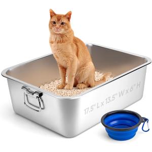 Stainless Steel Litter Box with Handle for Cat and Rabbit, 17.5" L x 13.5" W x 6" H, Odor Control Litter Pan, Fold-able Feeding Plate, Non Stick Smooth Surface