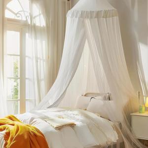little dove Bed Canopy with Star Lights, Double Layer Canopy for Bed, Princess Play Tent for Girls Room, Breathable Bed Curtain for Children Reading Nook, Machine Washable, 25.6''x 106'', White