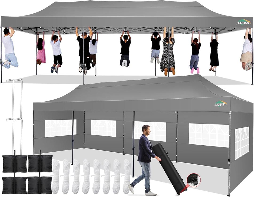 COBIZI 10x30 Pop up Canopy Tent 10x30 Canopy with 8 Sidewalls Waterproof Heavy Duty Commercial Canopy Tent for Parties Outdoor Garden Gazebo, Carry Bag with Wheel(10x30ft, Gray)