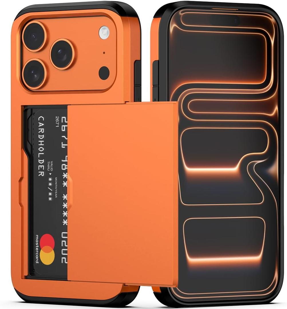 Nvollnoe Compatible with iPhone 17 Pro Case with Card Holder Dual Layer Heavy Duty Protective Shockproof Hidden Card Slot Slim Wallet Phone Case for Women&Men 6.3 inch(Orange)