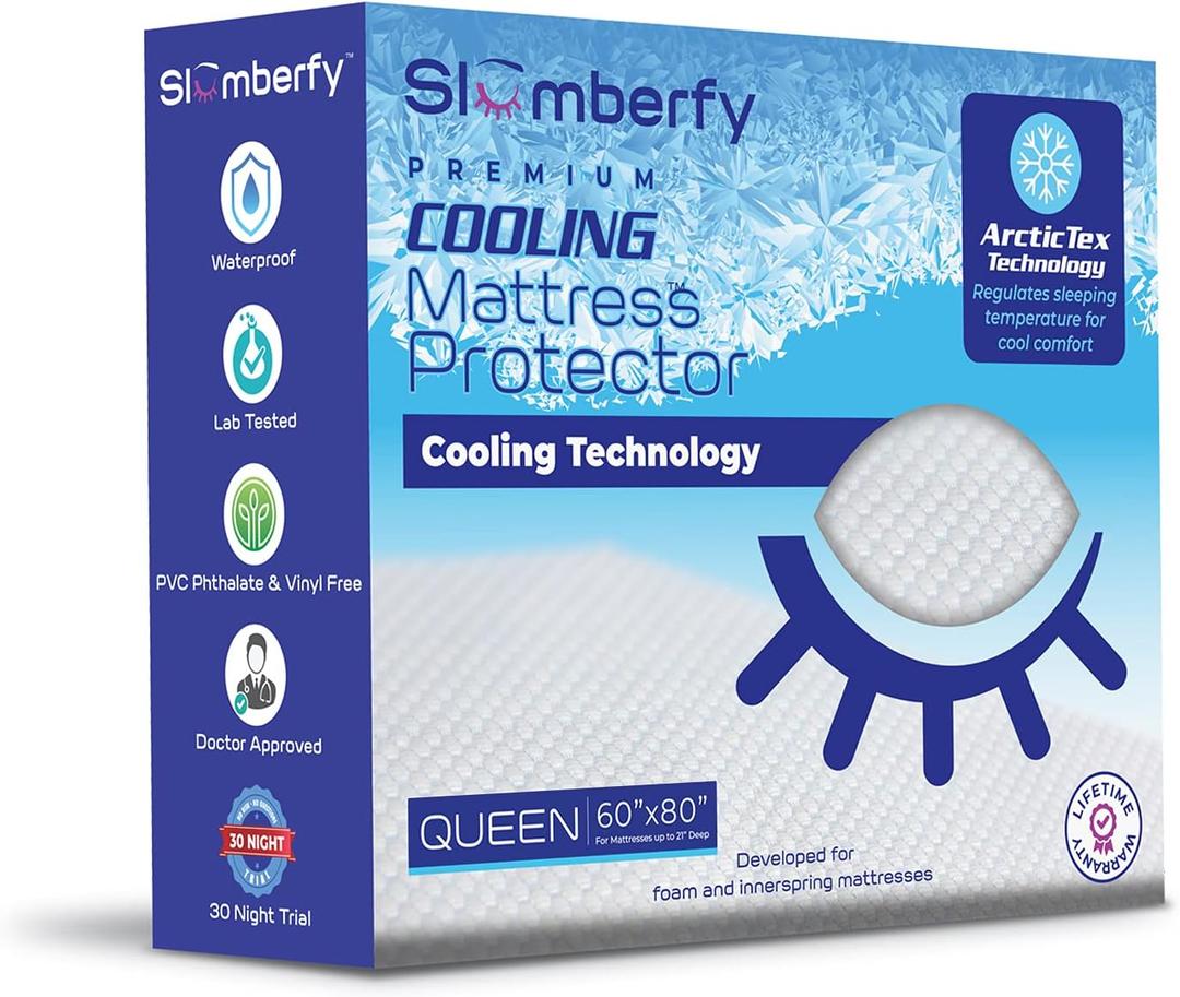 Queen Size Waterproof Cooling Mattress Protector by Slumberfy - Premium Skin-Safe Cover, Natural Fabric with ArcticTex Technology, Noiseless Quilted Mattress Cover  60x80 in.