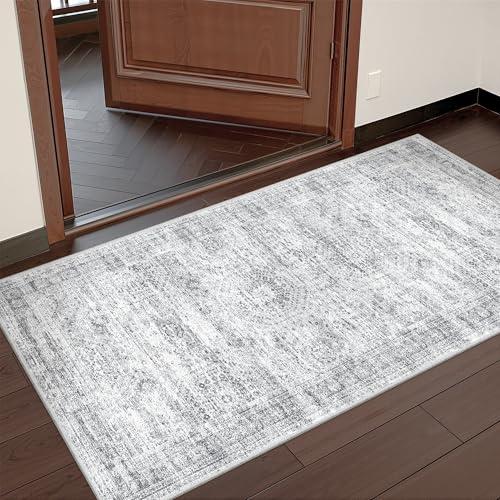 Restydon 2x4 Washable Rug Runner for Bathroom, Soft Entryway Rug for Laundry Room, Kitchen, Vintage Abstract Hallway Runner for Bedroom, Anti-Slip Door Mat Indoor Entrance(2'x4', Grey/Ivory)
