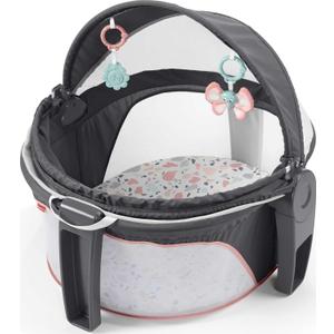 Fisher-Price Portable Bassinet On-The-Go Baby Dome, Travel Play Space with Developmental Newborn Toys & Canopy, Pink Pacific Pebble