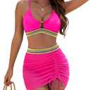 BMJL Womens High Waisted Bikini Sets Mesh Swim Skirt Tummy Control Swimsuits Color Block Bathing Suit 2025 (Small, Hot Pink)