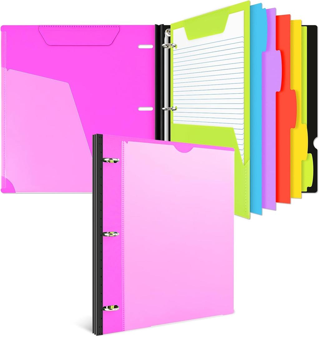 INFUN All-in-one Telescoping Binder Notebook, Refillable 3 Ring Notebook Binder with 1 Plastic Movable Pocket Folder,5 Plastic Subject dividers and Graph Paper and College Ruled Paper- Pink