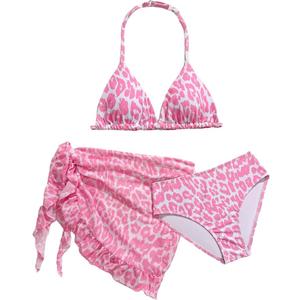 RoseSeek Girl's 3 Piece Swimsuits Floral High Waisted Bikini Bathing Suit with Mesh Coverups Skirt Light Pink 8Y