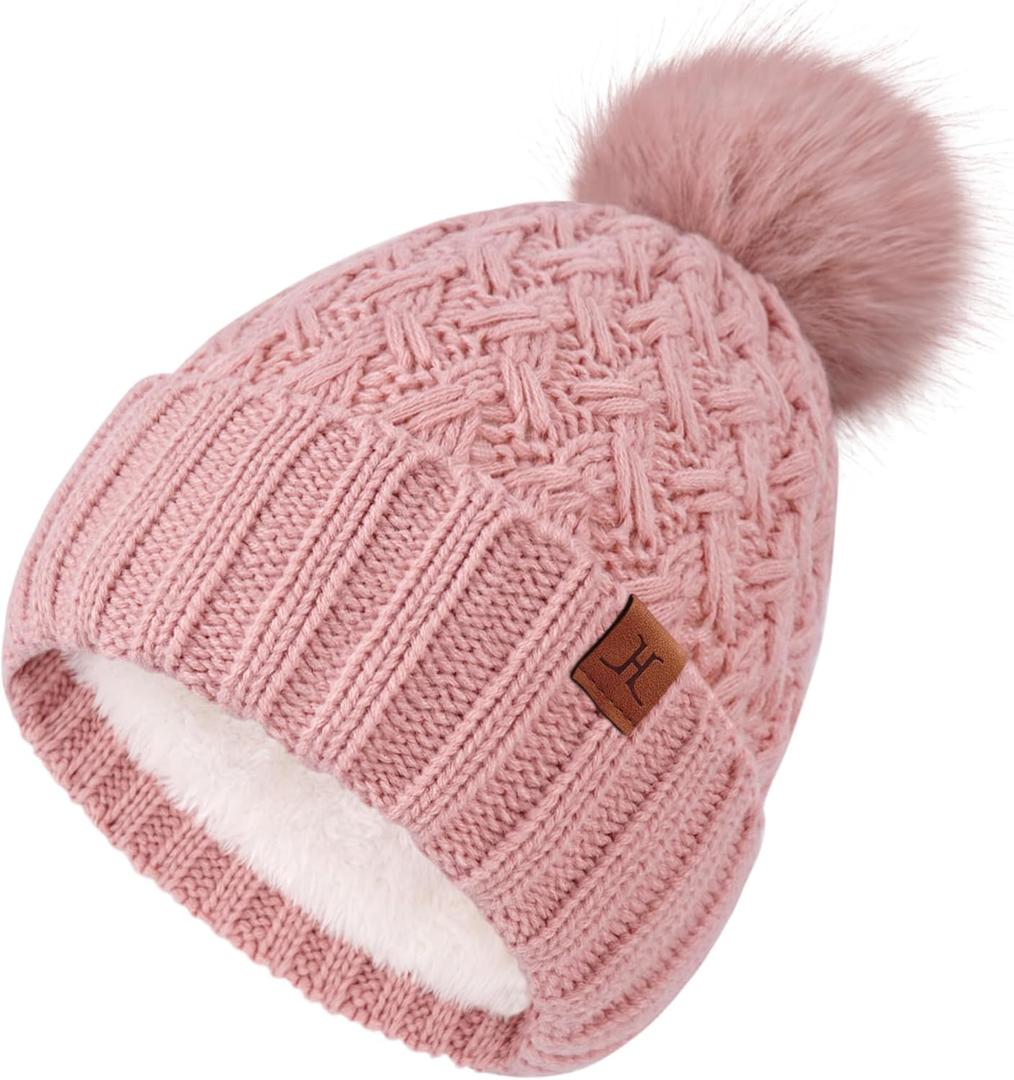 FZ FANTASTIC ZONE Winter Beanie Hats for Women with Fleece Lined Knitted Warm Womens Pom Pom Hat Chunky Cable Skull Cap Gifts (Pink) 20.5 - 23.6