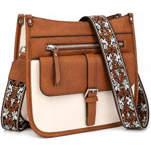 Medium Crossbody Purse for Women, Multi Pocket Shoulder Handbag with Wide Strap for Everyday UseShopping and Travel (Beige and Brown)