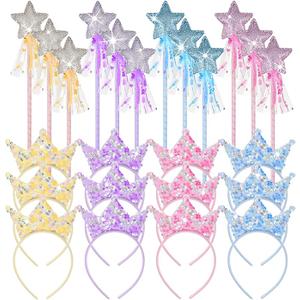 24 Pack Princess Wands Party Favors Sequin Princess Crown Headbands Colorful Glitter Star Fairy Wands Birthday Decorations Fairy Party Favors (4 Colors)