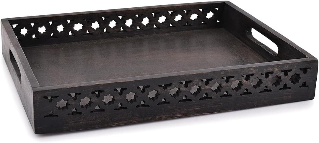 Samhita Serving Trays Mango Wood Rectangular Serving Tray, Wood Plate, Tea/Drink Platter, Dinner Serving Tray, Snack Tray (Black) (14" x 11" x 2")