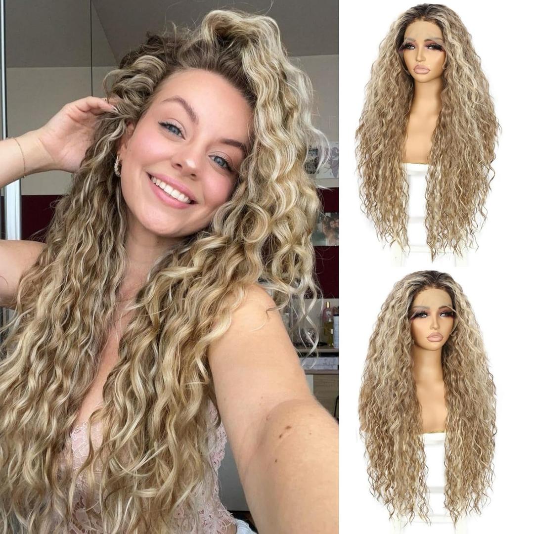SAPPHIREWIGS Brown Lace Front Wig Highlight Ash Brown Wig Glueless Long Deep Curly Synthetic Lace Front Wigs Pre Plucked Hairline for Women Daily Party Cosplay Use 26 Inches