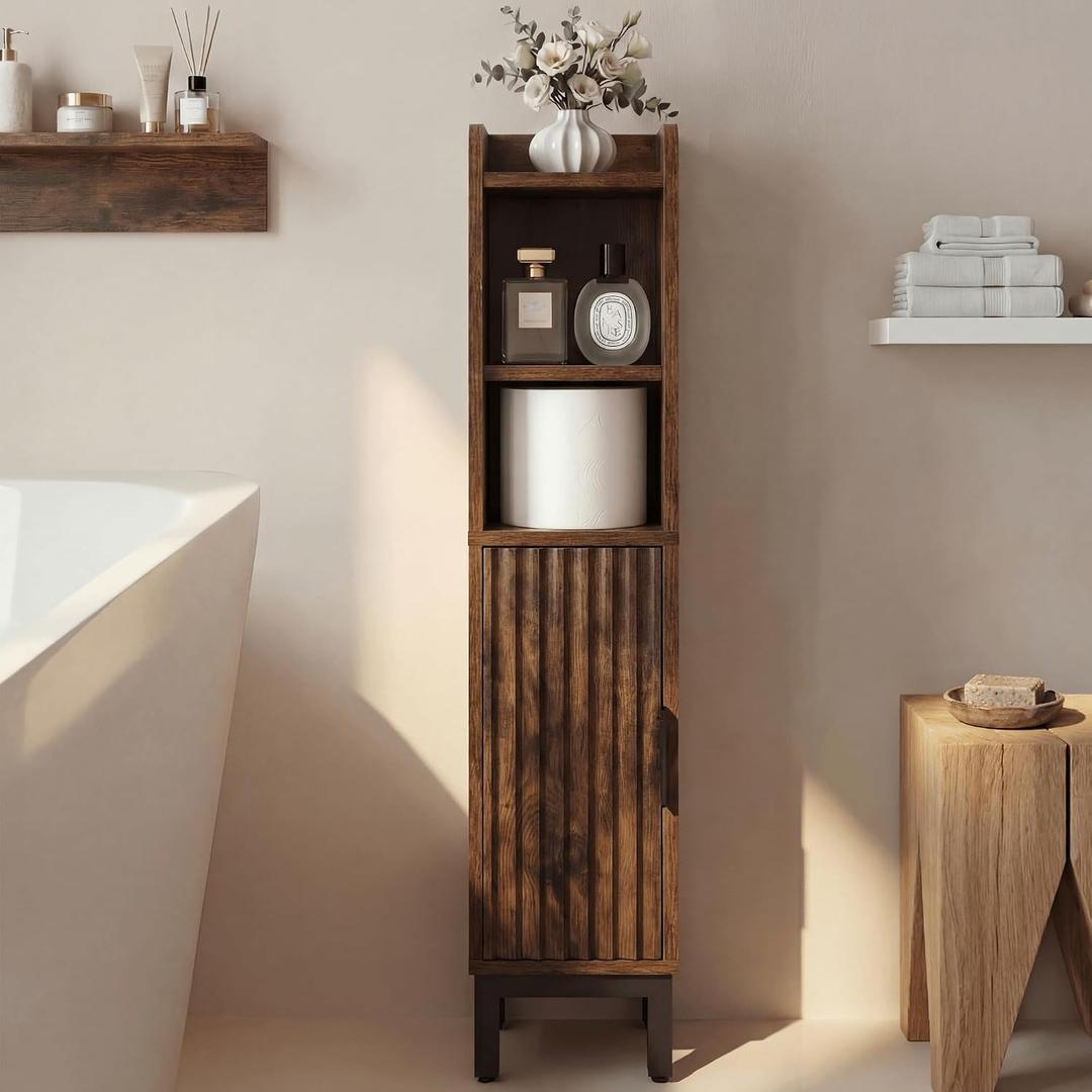 Small Bathroom Storage Cabinet, Corner Narrow Toilet Paper Floor Cabinet with Door and Shelves,Bathroom Organizer with Adjustable Shelf, for Small Spaces (Rustic Brown, 4-Tier)