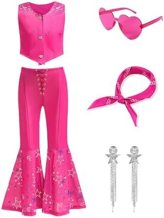 ZapLute Girls Pink Costume 6Pcs Cowgirl Movie Cosplay Kids Disco Outfits Set Halloween Birthday Party Dress up 160