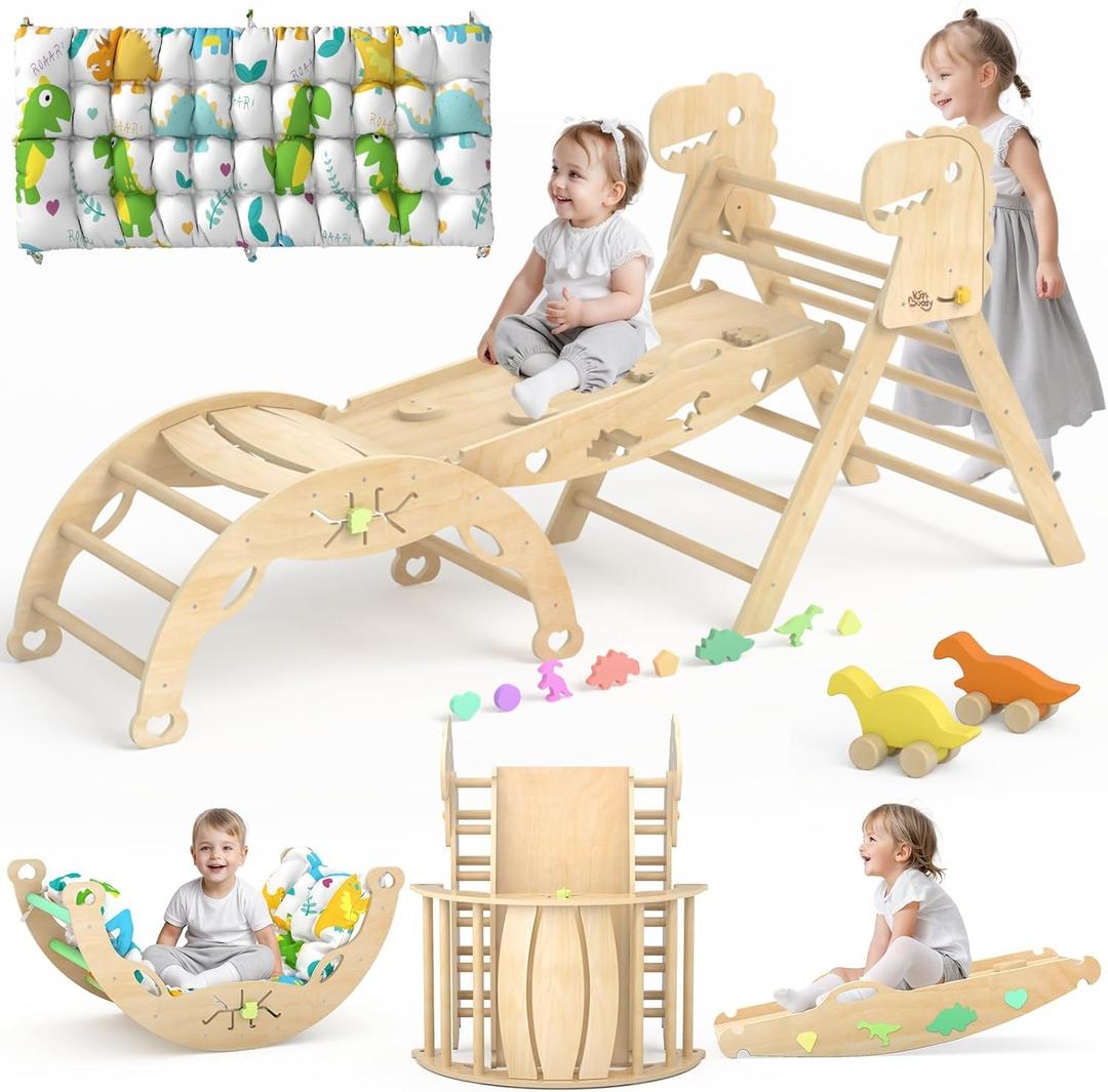 Pikler Triangle Set with Cushion 9 in 1 Climbing Toys for Toddlers 1-7 Indoor Baby Climbing Gym Toddler Montessori Toys Wooden Climbing Toys with Maze Toys, Shape Sorting Toys, Dinosaur Car, Size: Ages 1-7