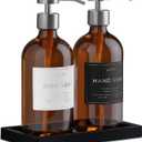 Glass Soap Dispenser Set of 2 (Amber) with Silicone Tray | Hand and Dish Soap Dispenser for Kitchen and Bathroom | 16.8 Oz Glass Bottles with Stainless Steel Pump & 15 Waterproof Labels (Amber/Silver)