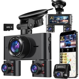 Dash Cam 360, Dash Camera for Cars Front and Rear Inside, 4 Channel 4K/2K FHD Mini Dashcam, Built-In WiFi, GPS,with 64GB Card, Voice Control, WDR,HDR,Night Vision, 24/7 Parking Mode(Upgraded Version)