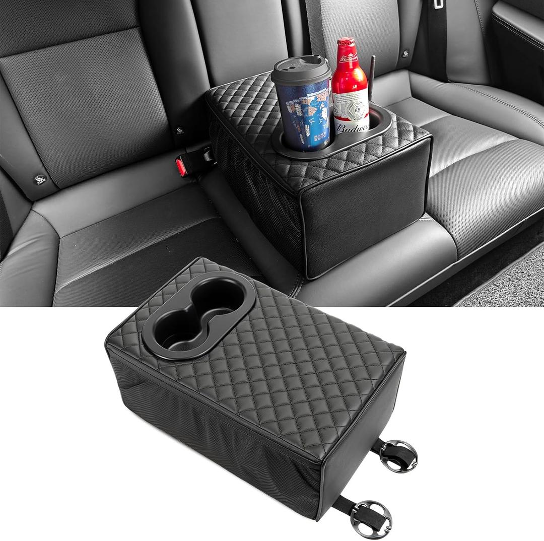 MAIKER Universal Car Rear Seat Armrest 2 Row Console Box with Cup Holder Backseat Arm Rest Console Box Second Row Rear Central Armrest Box(Black-Double Pockets)