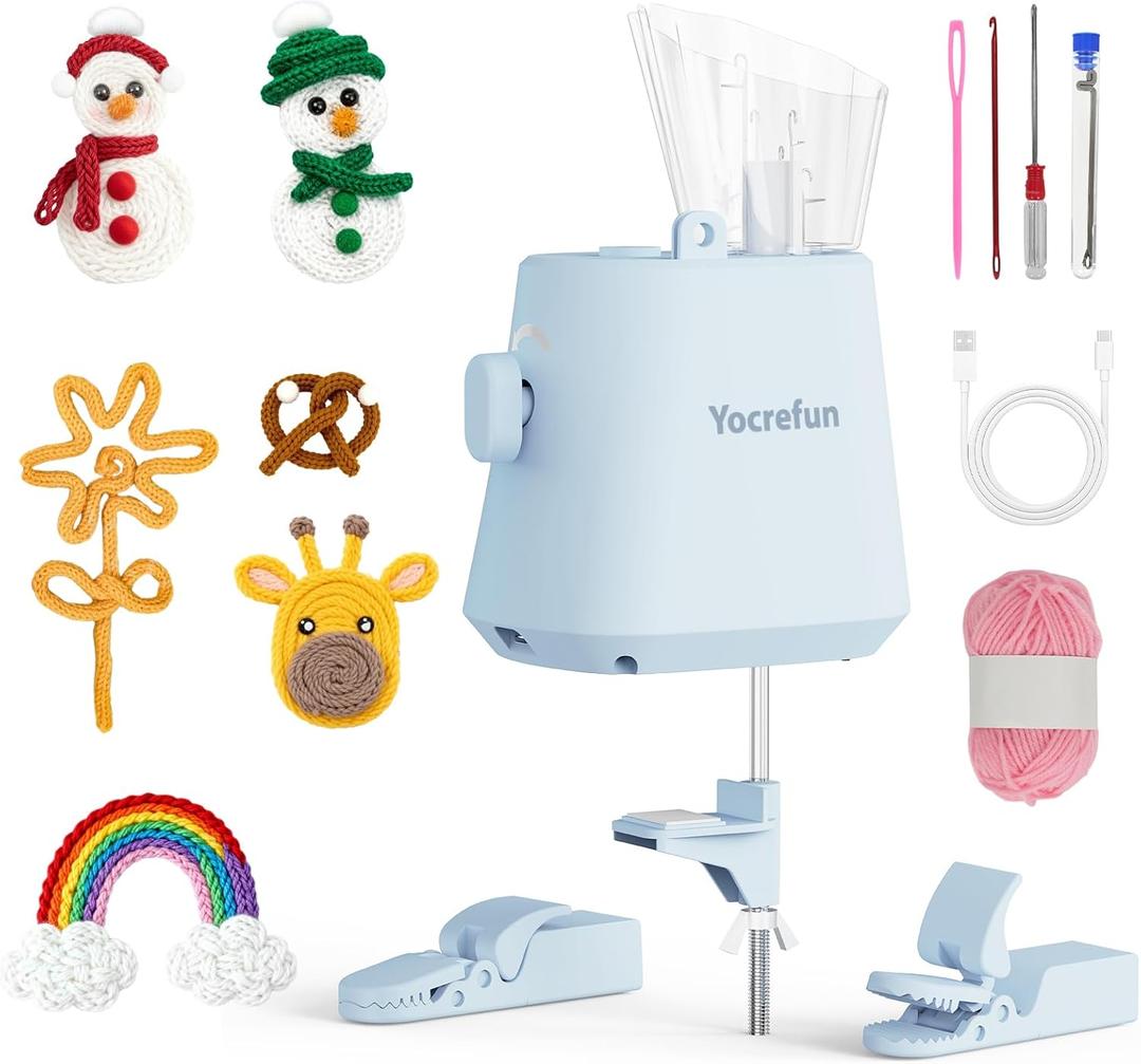 Yocrefun Automatic I-Cord Knitting Machine, Electric iCord Maker Tool, i-Cord Knitter Crochet Machine, Hands-Free Yarn Knitter for Fast DIY Crochet Knitting Projects (Blue)