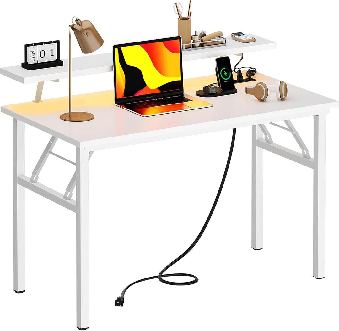 Need 39 Inch Small Folding Computer Desk with Power Outlets &Monitor Shelf Study Desk Gaming Desk with Led Lights &Cup Holder & Headphone Holder,White