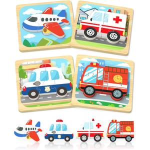 Benresive Wooden Toddler Puzzles, Montessori Toys for 1 2 3 Year Old Boys, Toys for 1 2 3 Year Old Boy Birthday Gifts, 4 Pack Vehicle Toddler Learning Educational Puzzles