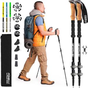Foxelli Trekking Poles  Lightweight Collapsible Aircraft Grade Aluminum Hiking Poles with Cork Grips Quick Locks & All-Terrain Accessories  Pair of 2 (Black)