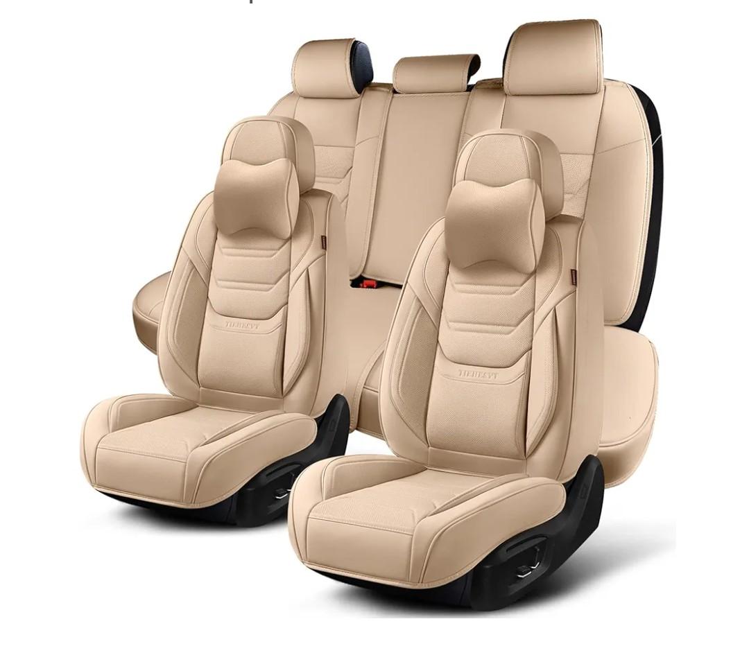 Beige Car Seat Covers Full Set, Breathable Leather Automotive Front and Rear Seat Covers & Headrest, Automotive Seat Cover, Compatible with Most Cars Sedans SUV Pickup Trucks