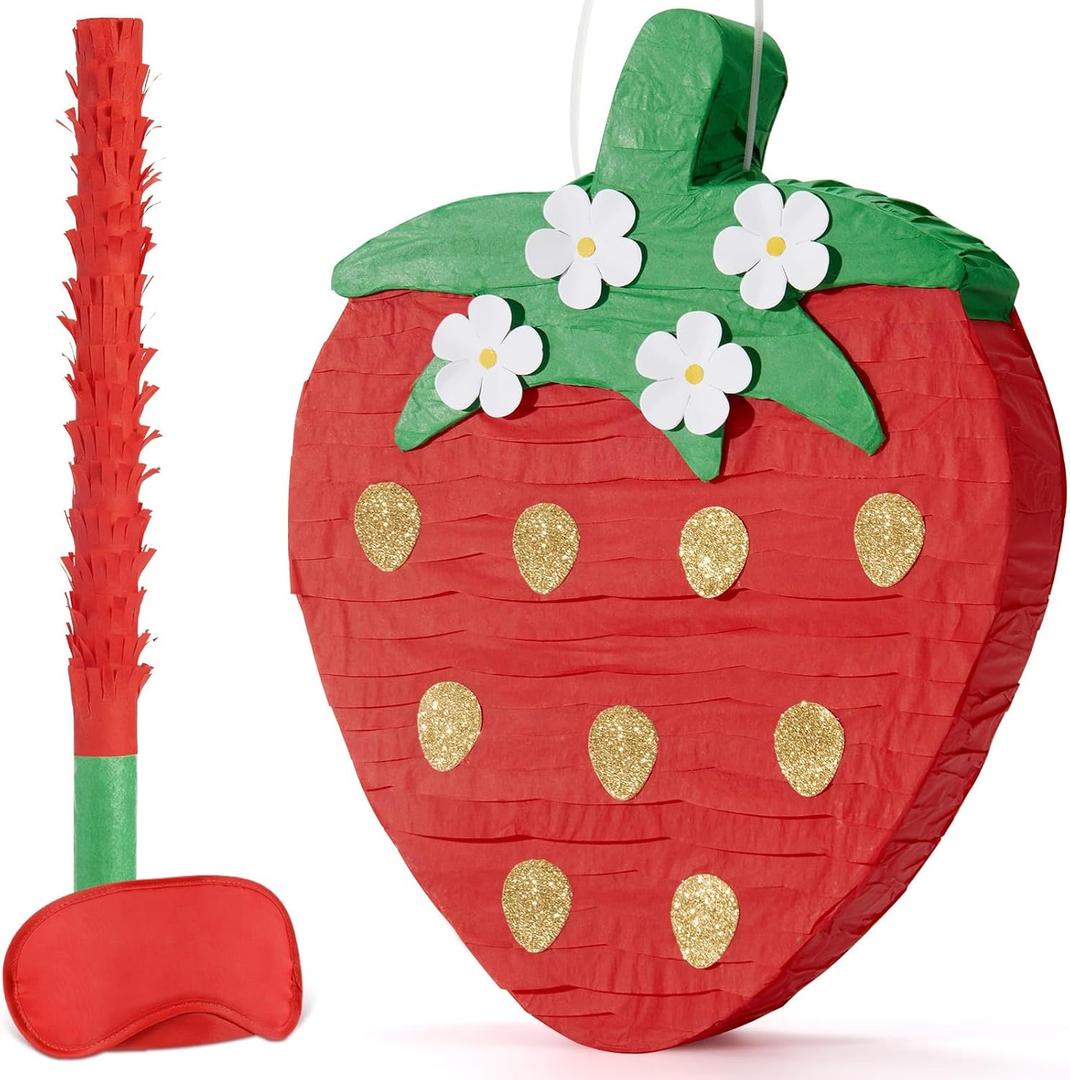 Wernnsai Red Strawberry Piata For Kids - Strawberry Baby Shower Piata Strawberry Birthday Party Decorations Summer Fruit Themed Party Game Supplies With Bat Blindfold 16.5" 11.6" 3"